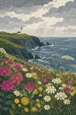 Coastal Wildflower Meadow with Distant Lighthouse
