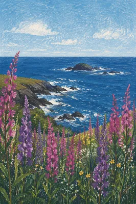 Coastal Wildflower Meadow Over Blue Ocean