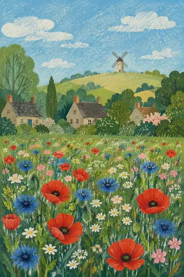 Summer Wildflower Meadow with Countryside Cottages