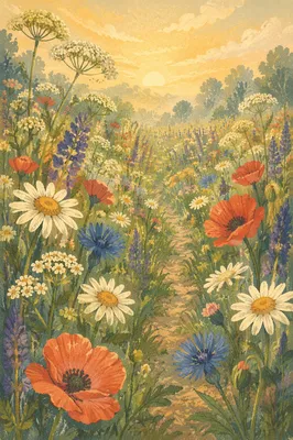 Morning Wildflower Meadow in Peaceful Bloom
