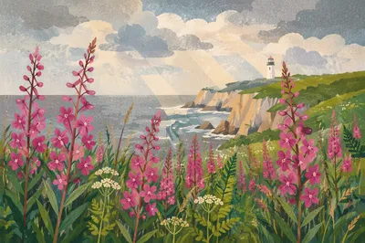 Coastal Wildflower Meadow with Distant Lighthouse