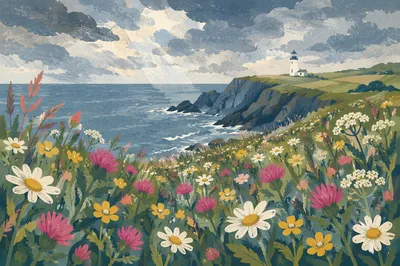 Coastal Wildflower Meadow With Distant Lighthouse