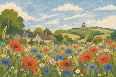 Summer Wildflower Meadow With Countryside Cottages