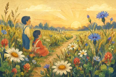 Sunrise Wildflower Meadow With Summer Blooms