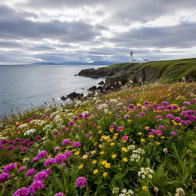 Coastal Wildflower Meadow with Distant Lighthouse