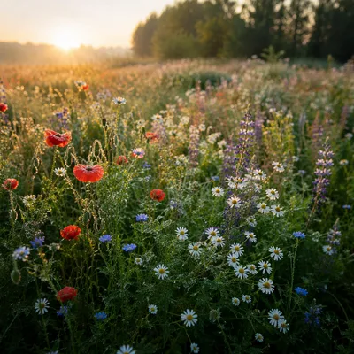 Dewy Wildflower Meadow at Golden Sunrise