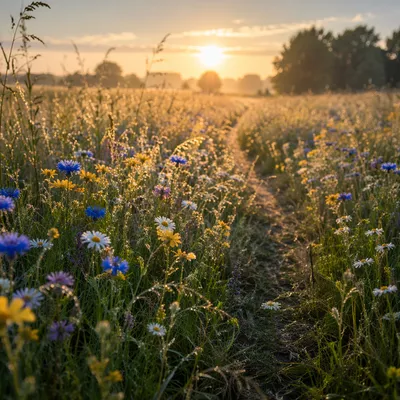 Morning Wildflower Meadow With Curving Footpath