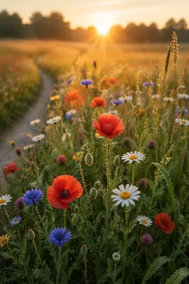 Sunrise Wildflower Meadow with Dewy Summer Blooms