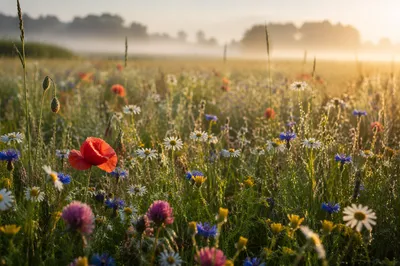 Photorealistic Wildflower Meadow at Sunrise