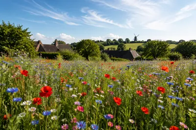 Summer Wildflower Meadow with Countryside Cottages