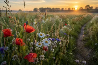 Sunrise Wildflower Meadow with Dewy Blooms