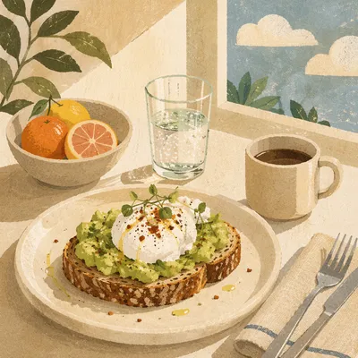 Trendy Avocado Toast Brunch Overhead Scene