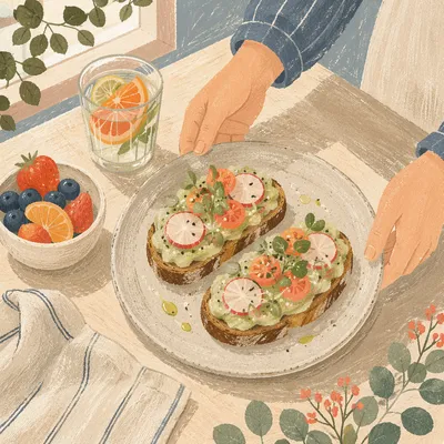 Healthy Avocado Toast Brunch on Wooden Table