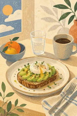 Trendy Avocado Toast Brunch Overhead Scene