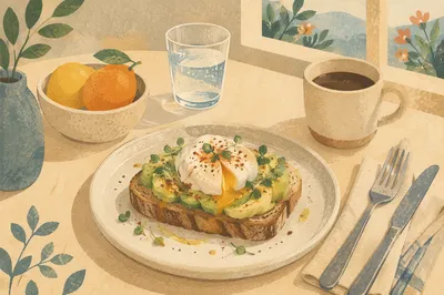 Trendy Avocado Toast Brunch Overhead Scene