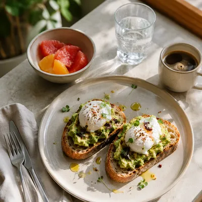 Trendy Avocado Toast Brunch Overhead Scene