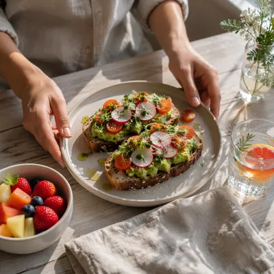 Healthy Avocado Toast Brunch in Cozy Cafe