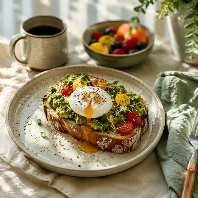 Sunlit Avocado Toast Brunch with Poached Egg