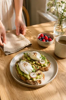 Healthy Avocado Toast Brunch on Café Table
