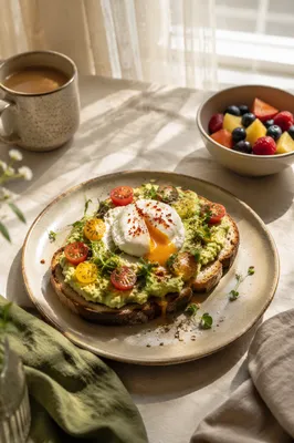 Sunlit Avocado Toast Brunch with Poached Egg