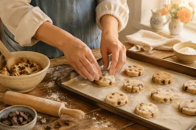 Hands Shaping Cookie Dough in Kitchen
