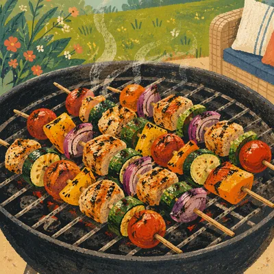 Summer Barbecue Skewers on Charcoal Grill