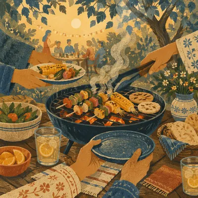 Summer Fellowship Barbecue in Shaded Backyard