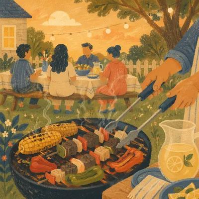 Summer Barbecue Fellowship in Golden Evening Light