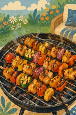 Summer Barbecue Skewers on Charcoal Grill