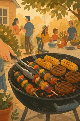 Sunny Backyard Barbecue Grill Cookout Scene