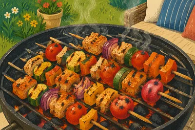 Summer Barbecue Skewers on Charcoal Grill