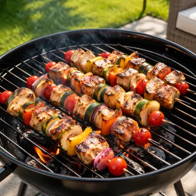 Summer Barbecue Skewers on Charcoal Grill