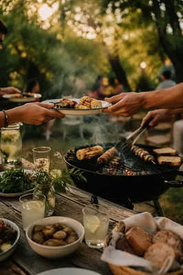 Summer Fellowship Barbecue Around Rustic Picnic Table