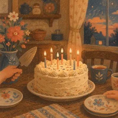 Cozy Birthday Cake with Glowing Candles