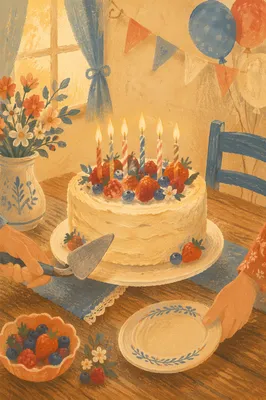Cozy Birthday Cake with Glowing Candles