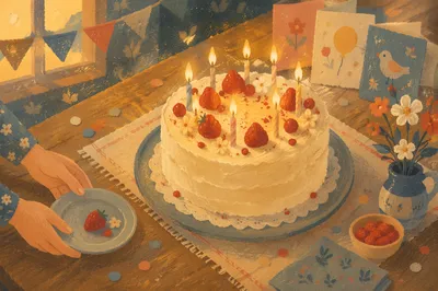 Cozy Birthday Cake with Glowing Candles