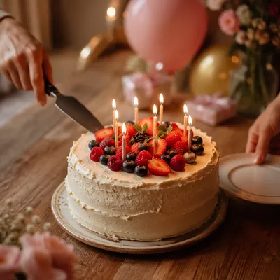 Homemade Birthday Cake with Glowing Candles