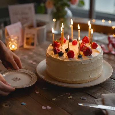 Homemade Birthday Cake with Glowing Candles