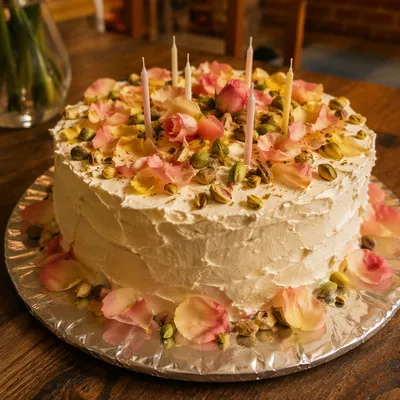 Rustic Birthday Cake with Rose Petals