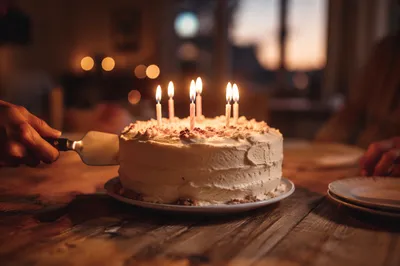 Cozy Birthday Cake with Glowing Candles