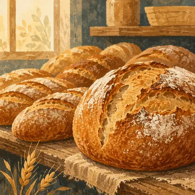 Fresh Artisan Bread Loaves on Rustic Bakery Shelf