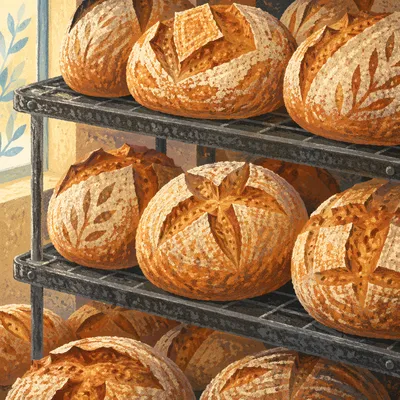 Fresh Artisan Bread Loaves on Bakery Racks
