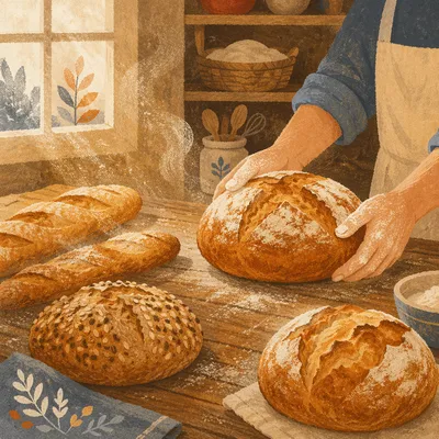 Fresh Artisan Bread Loaves in Bakery