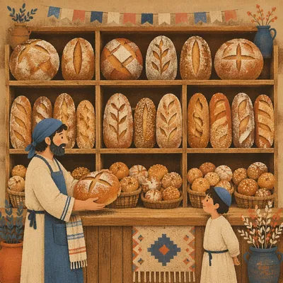 Rustic Artisan Bread Display in Wooden Shelves