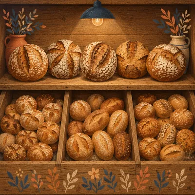 Warm Artisan Bakery Bread Shelf Display
