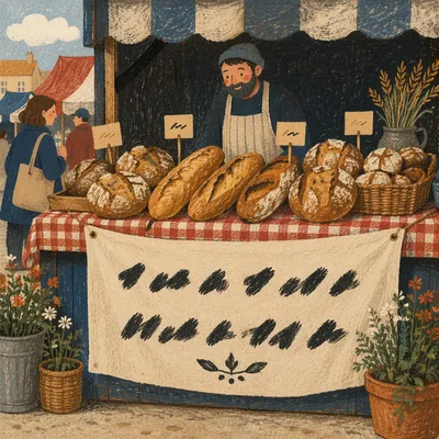 Artisan Bakery Loaves on Gingham Market Cloth