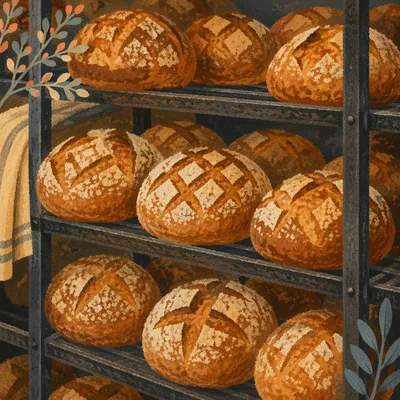 Fresh Artisan Bread Loaves on Bakery Racks