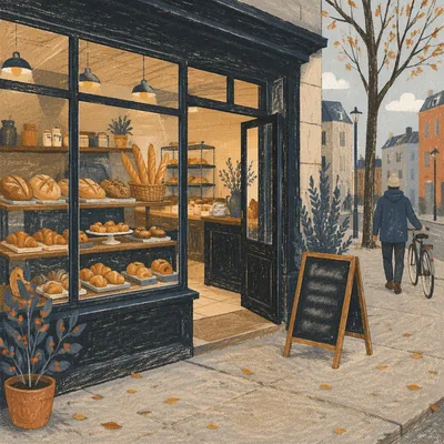 Warm Artisan Bakery Storefront with Fresh Loaves