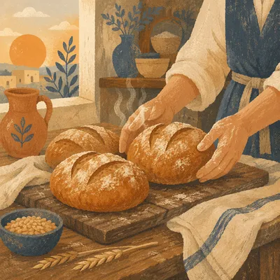 Fresh Artisan Loaves on Rustic Bakery Table