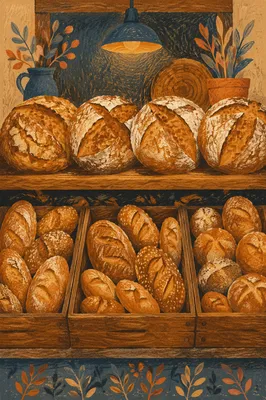 Rustic Artisan Bread on Warm Bakery Shelves